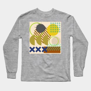 Modern Geometric Pattern Pastel Olive Ochre Retro Doodle Style Long Sleeve T-Shirt